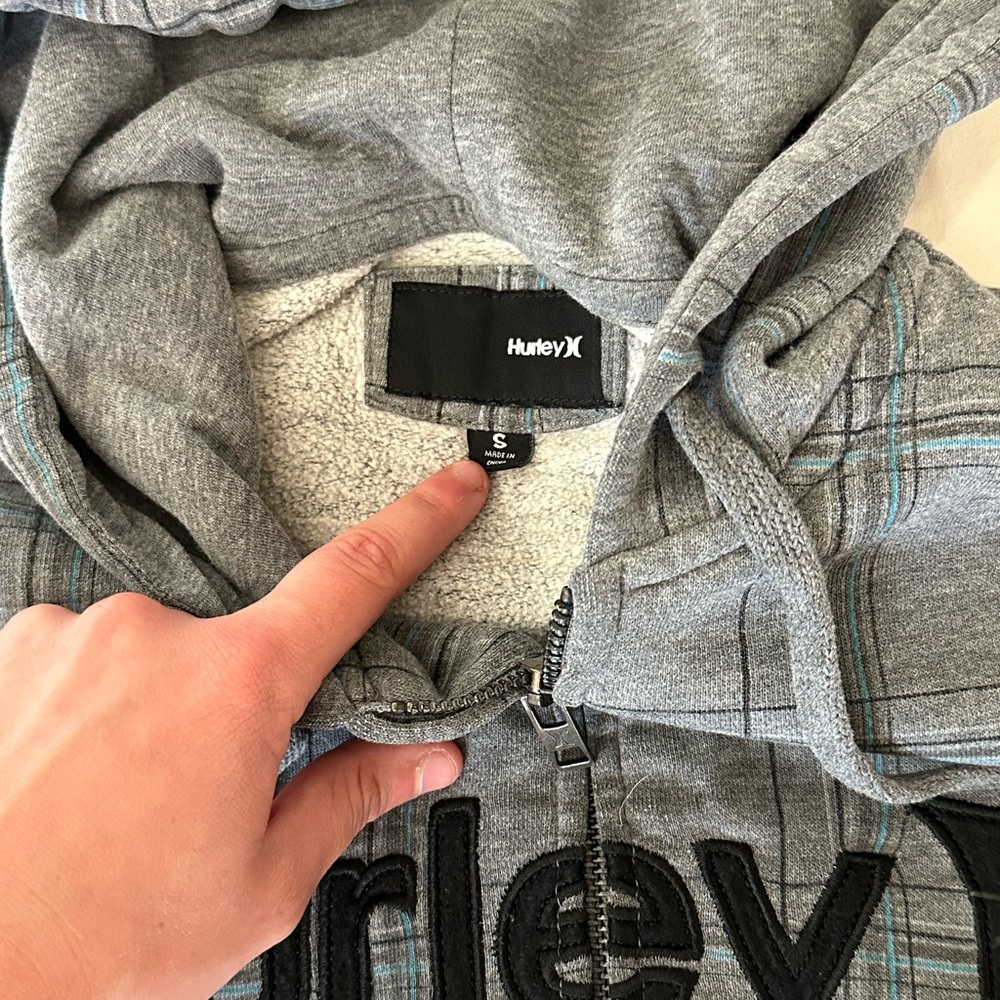 Hurley Gray Plaid Sherpa Zip Hoodie with Teal Accent